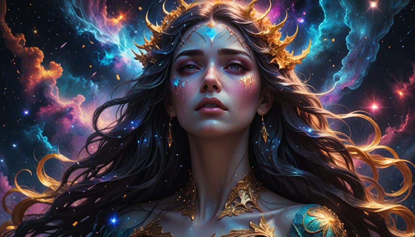 Celestial Goddess Weeping Tears of Light in Nebula