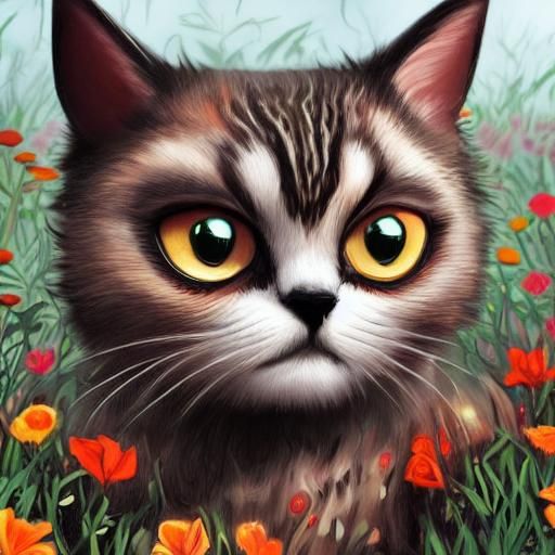 Cute Monster Cat with Tilted Head in Flower Field