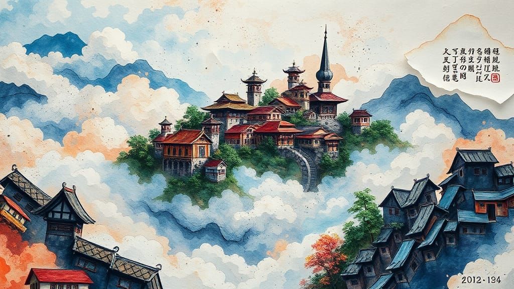 Cascading Cloud Village Ink Splatter Art