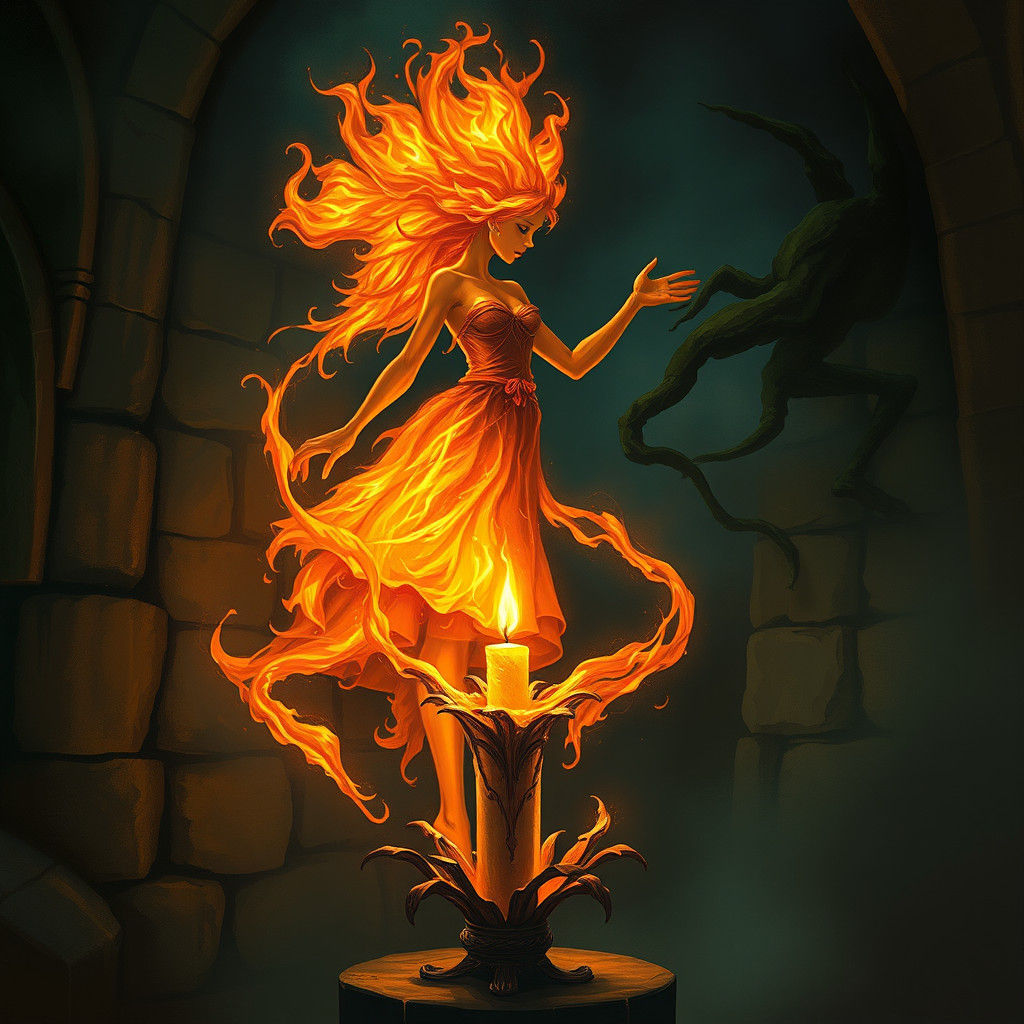 Fiery Humanoid Above Candle in Mystical Realm
