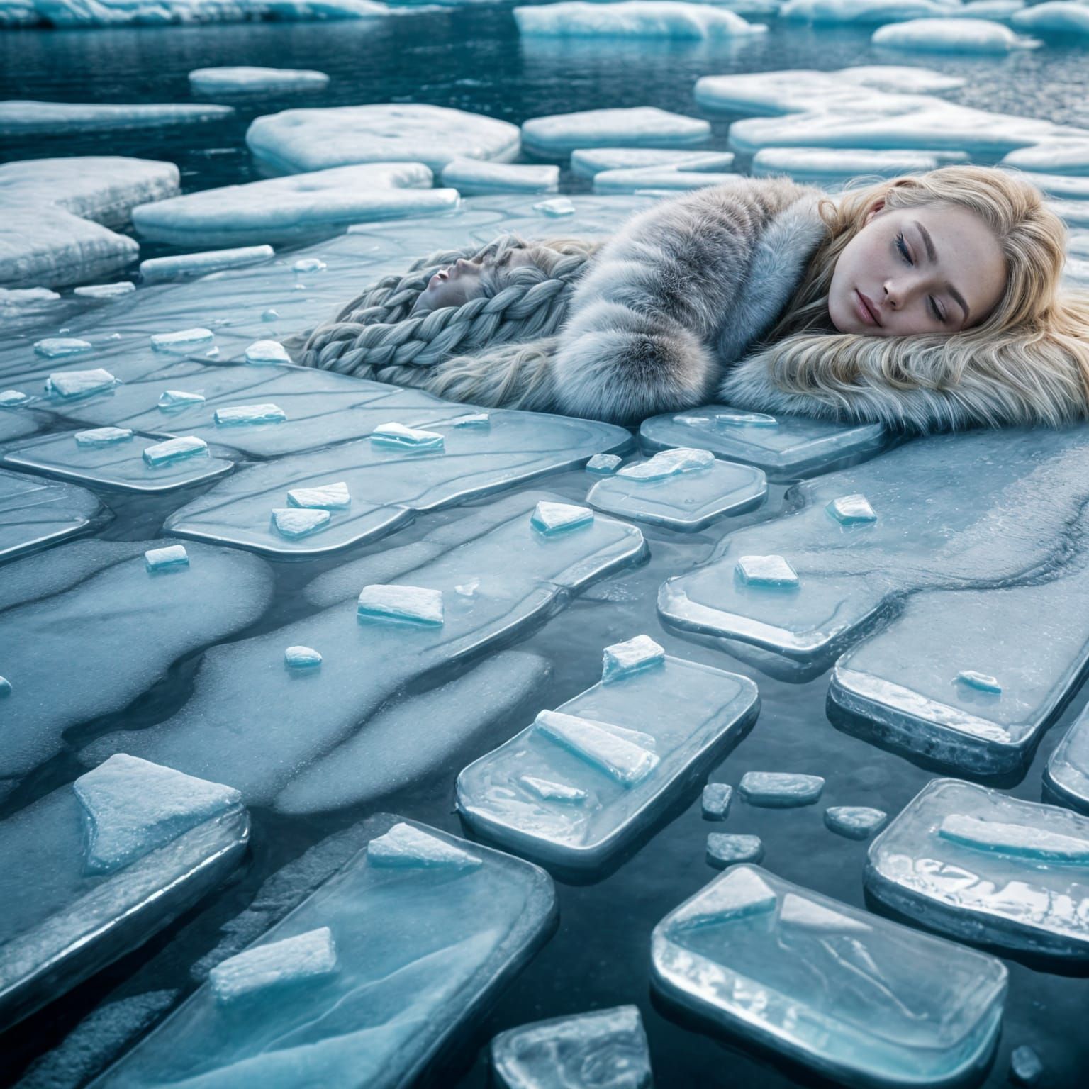 Blonde Woman Sleeps in Ice Bed at Midnight