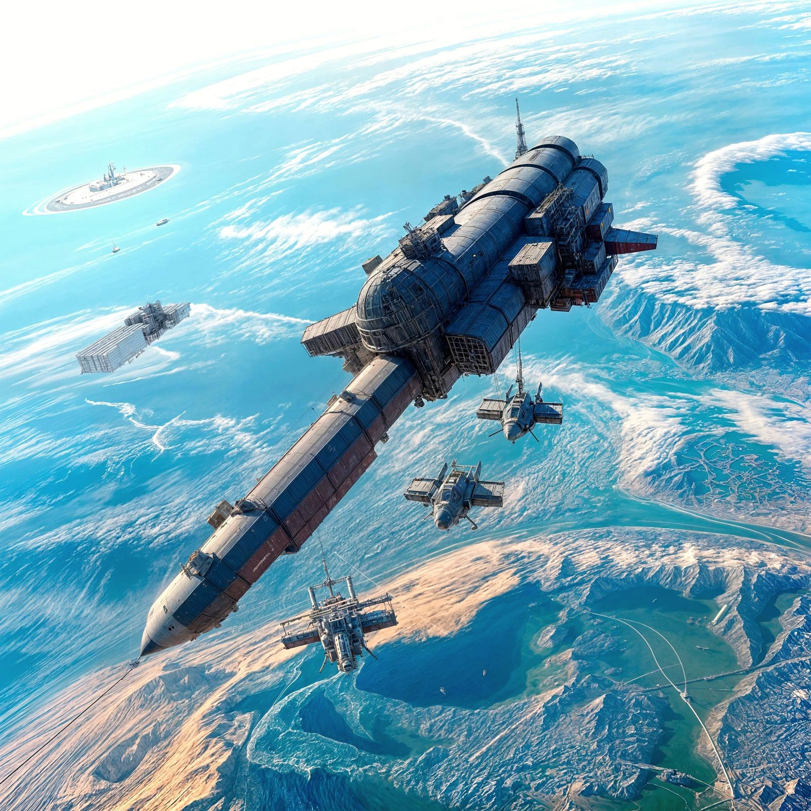 Giant Space Rod Cargo Ship with Tugs Above Alien Planet