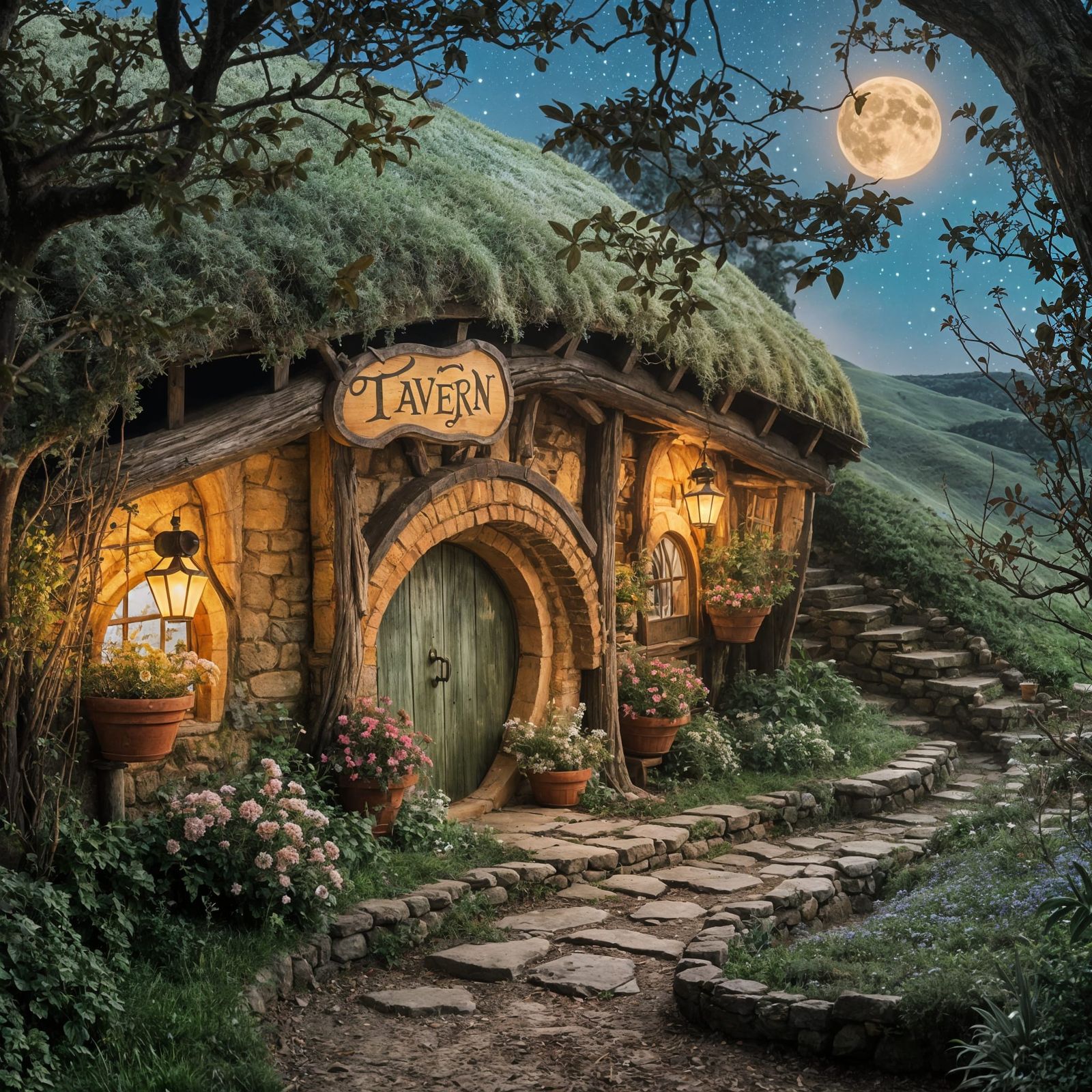 Hobbit Tavern Under Full Moon Glow