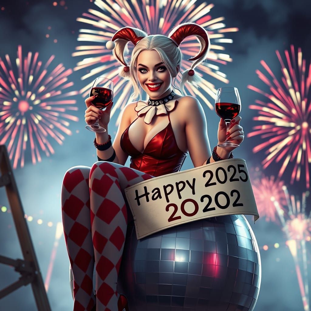 Ethereal Harley Quinn Celebrates 2025 in Disco Dreams