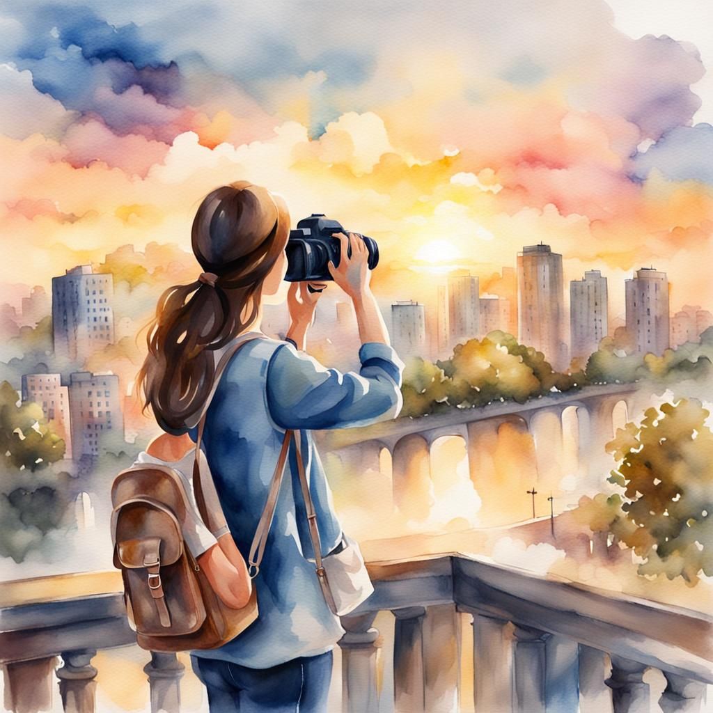Dreamy Watercolor: Brunette Photographer at Sunset