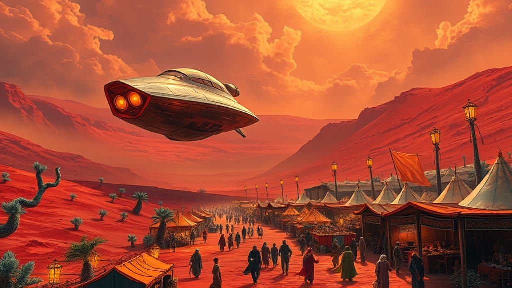 Alien Marketplace: Spacecraft Landing in Frazetta Style