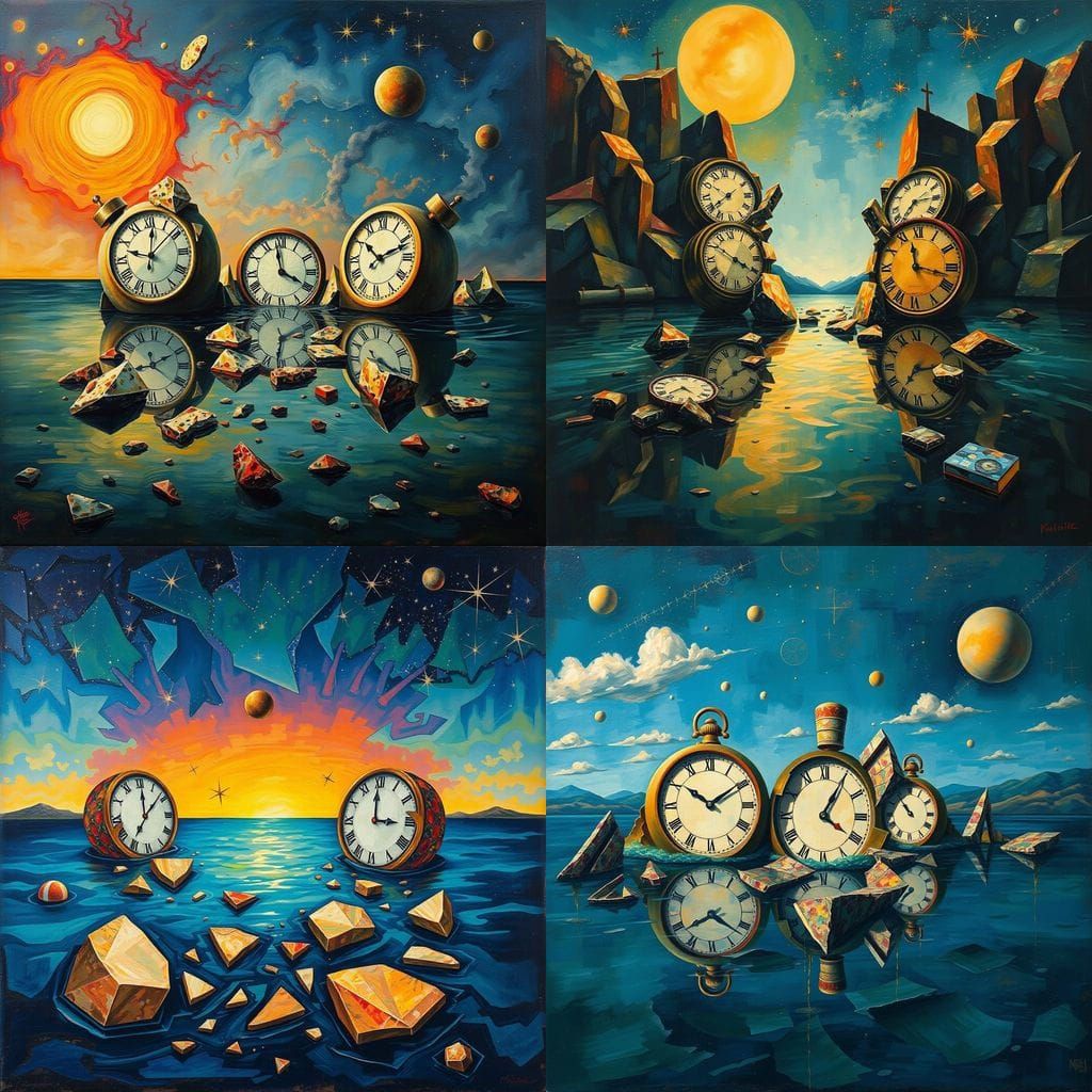 Surreal Landscape with Melting Clocks in Oil Paint Style