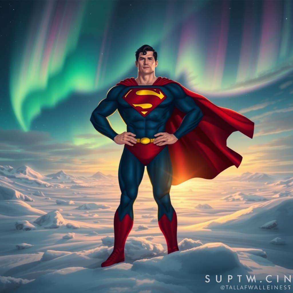 Superman Under Arctic Lights in Hyperrealistic Style