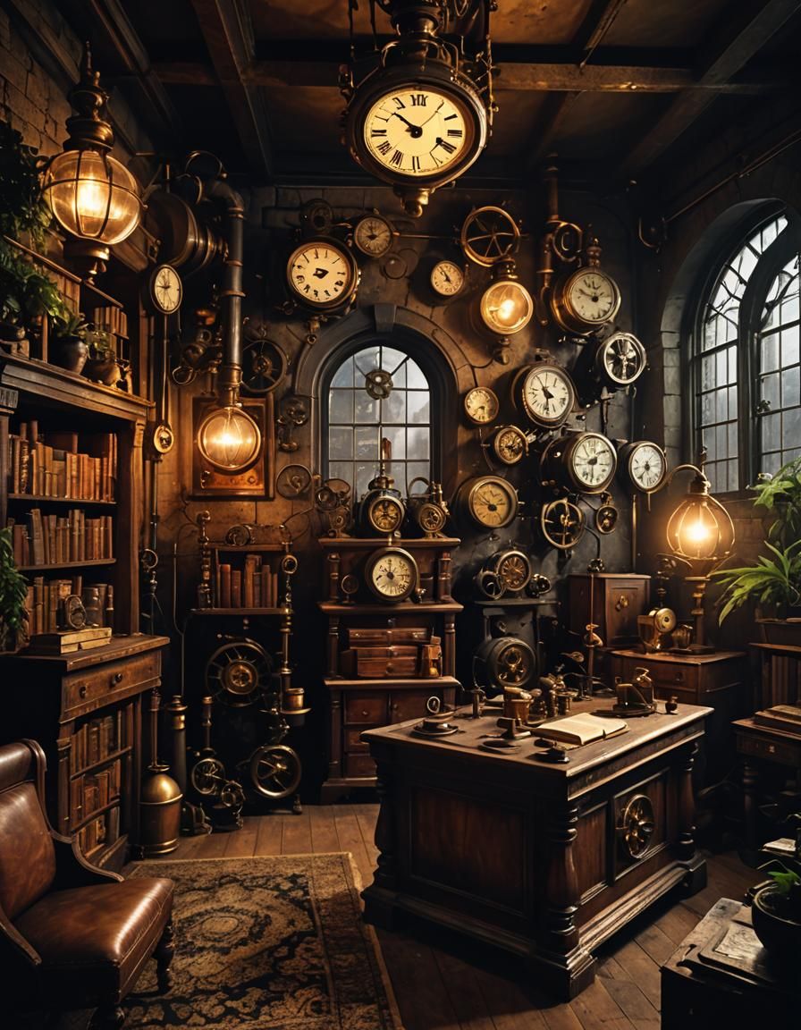 Dark Academia Steampunk Bedroom with Golden Lighting