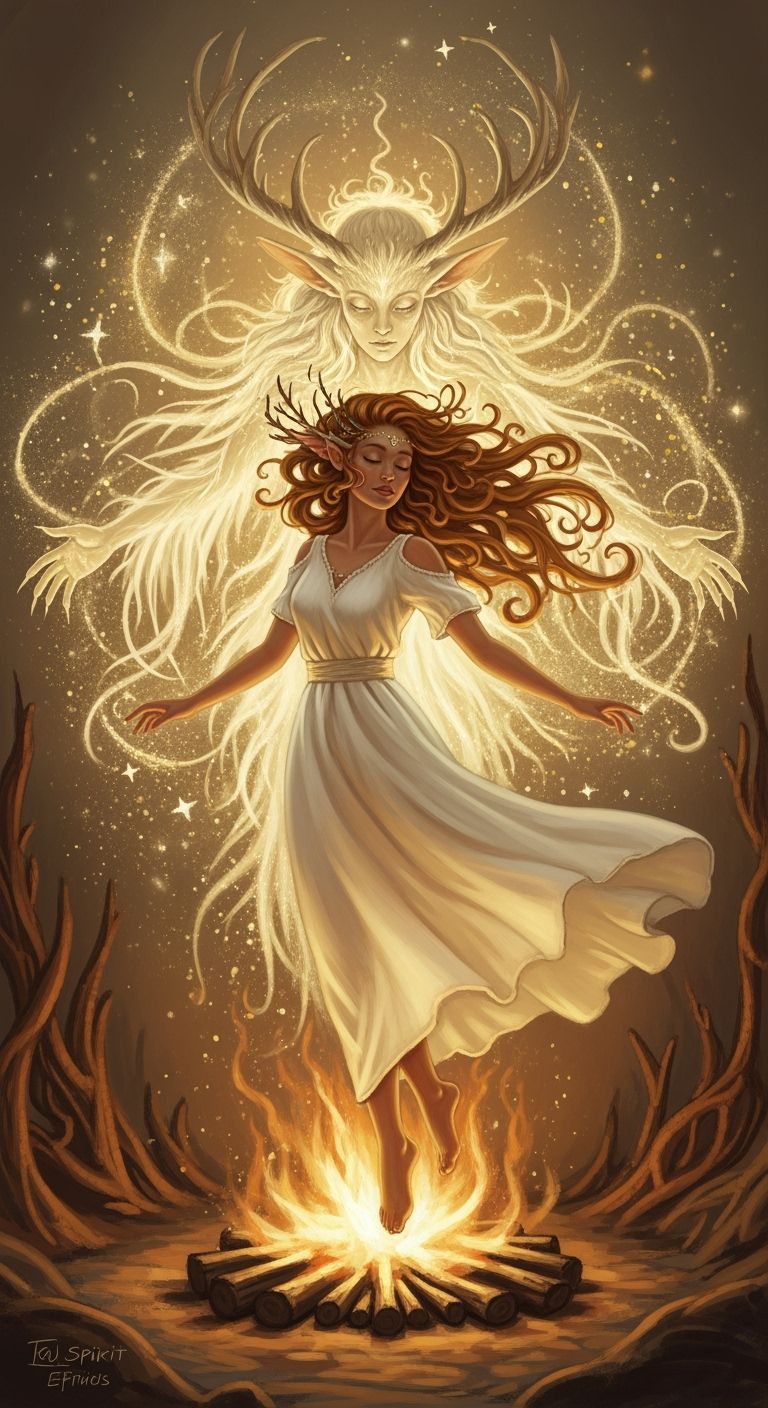 Woman Dancing with Fire Spirit in Fantasy Art Style