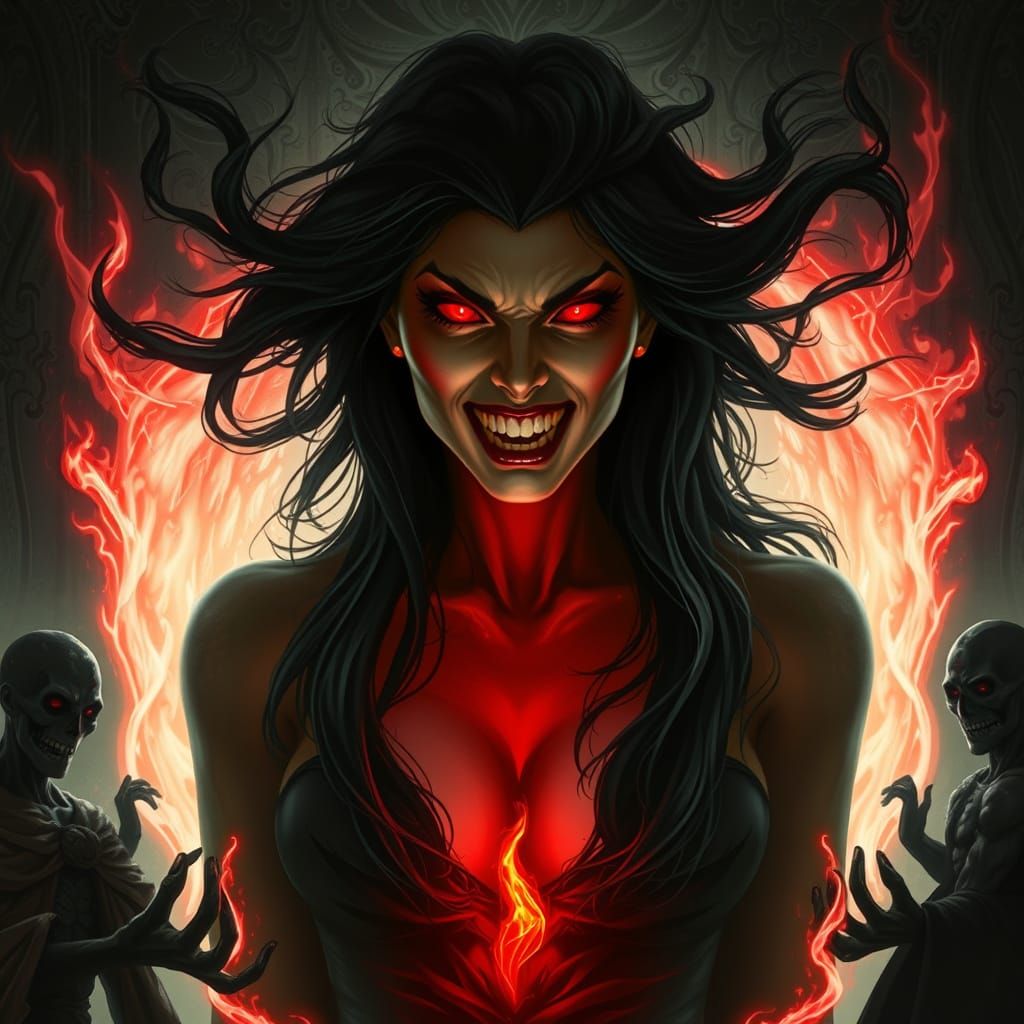 Mysterious Woman in Dark Chamber, Enveloped by Menacing Aura