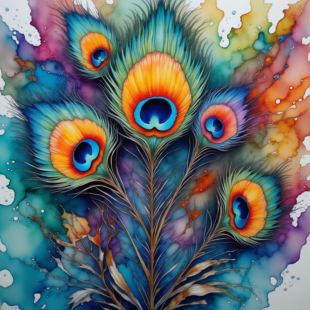 Vibrant Peacock Feathers in Neurographic Art Style