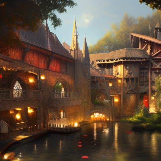 Medieval Water Park Concept Art in Maroon and Gold