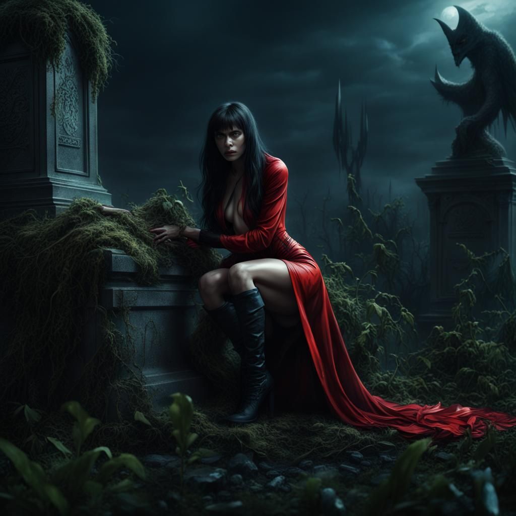 Vampirella in a Dark, Detailed Digital Painting