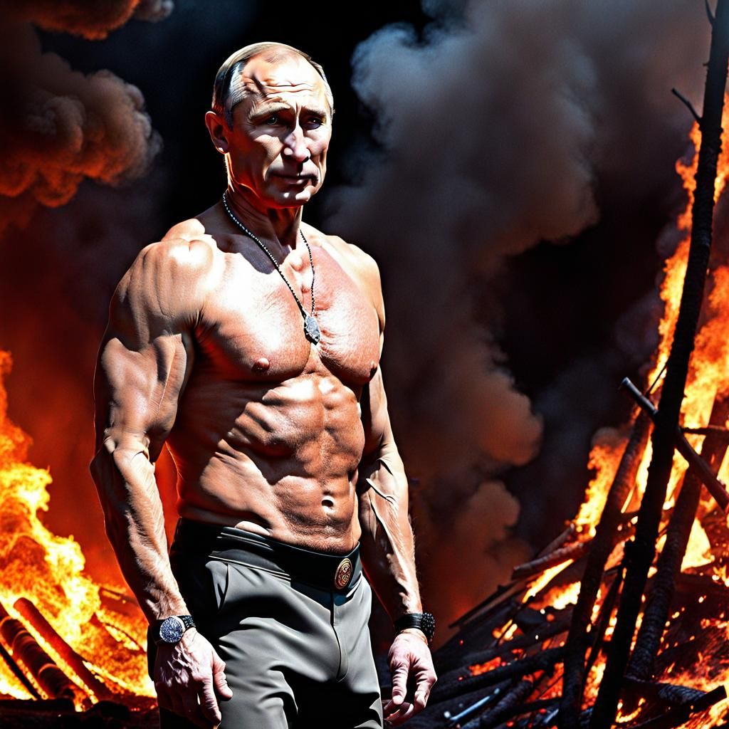 Vladimir Putin, shirtless, in hell