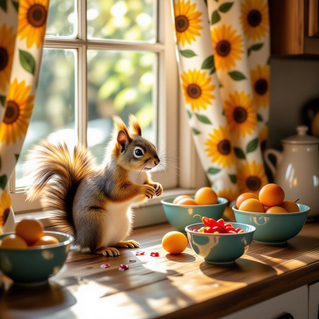 Squirrel Reaches for Fruit Amidst Sunlit Kitchen Scene