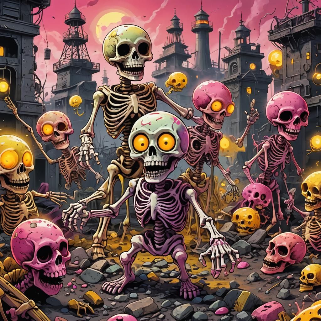 Radioactive Punk Skeleton Dances in Toxic Graveyard