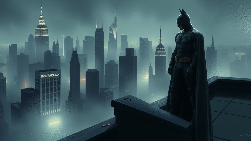 Brooding Batman Overlooks Gotham in Film Noir Style