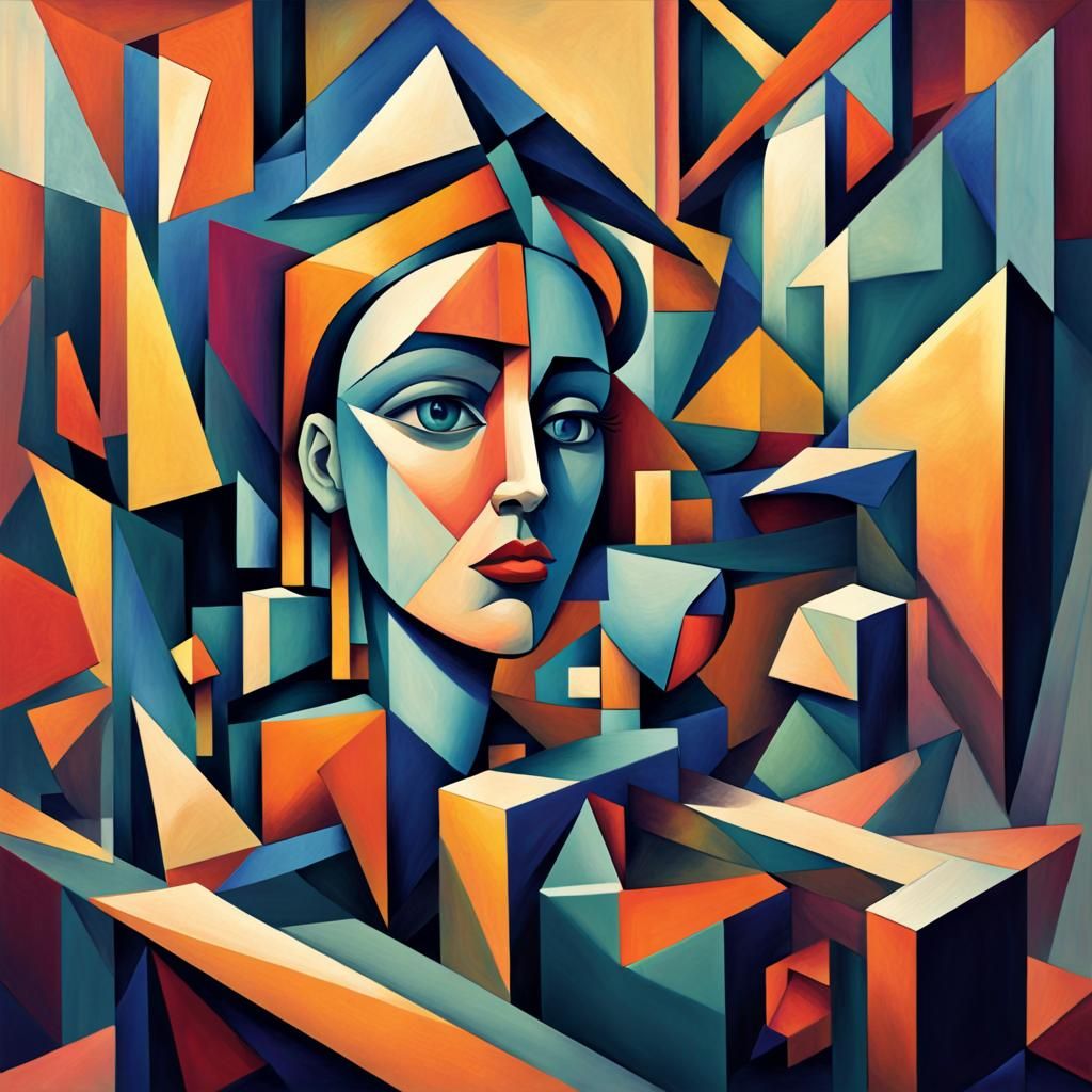 Geometric Cubist Painting in Art Deco Style