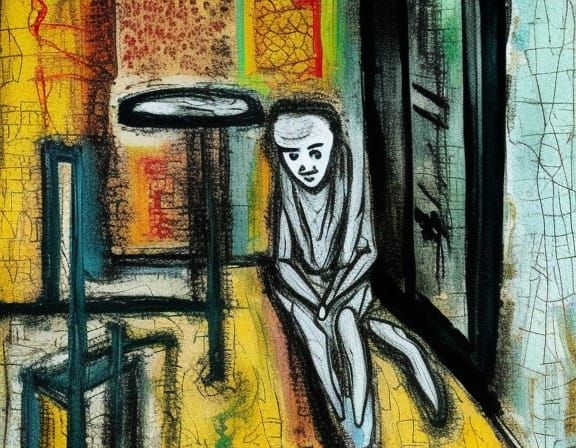 Creepy motel, thin ink pen style, sitting pose, Black Ink pen on light yellowing paper, wild and thin scratchy strokes, ...