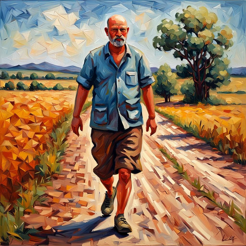 Sweaty Man on Country Road, Impressionist Oil Painting