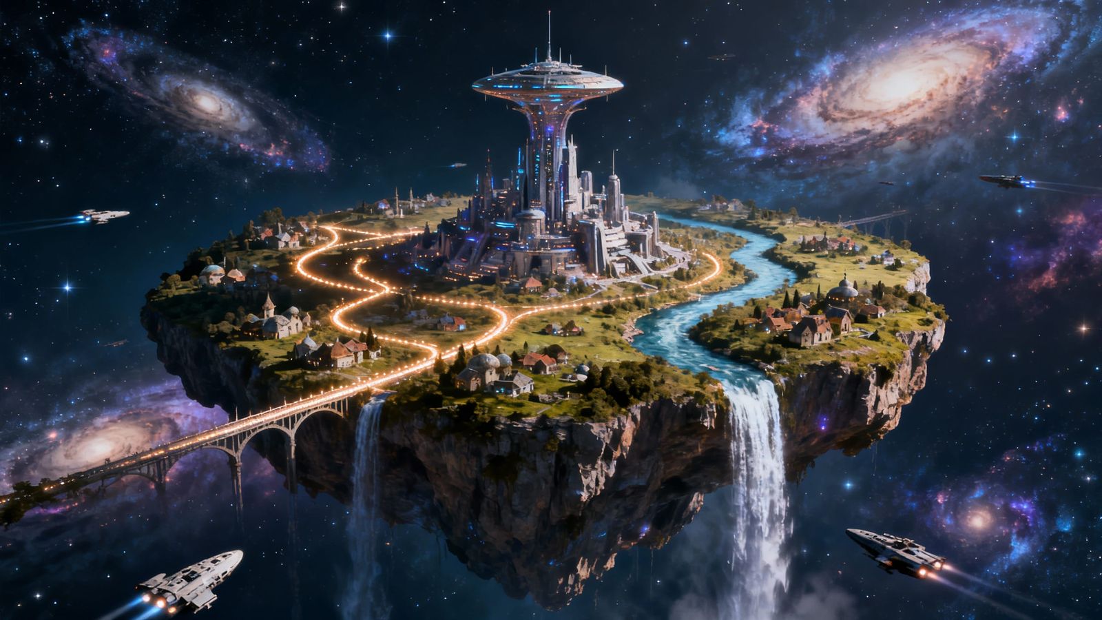 Alien City on Floating Island in Space