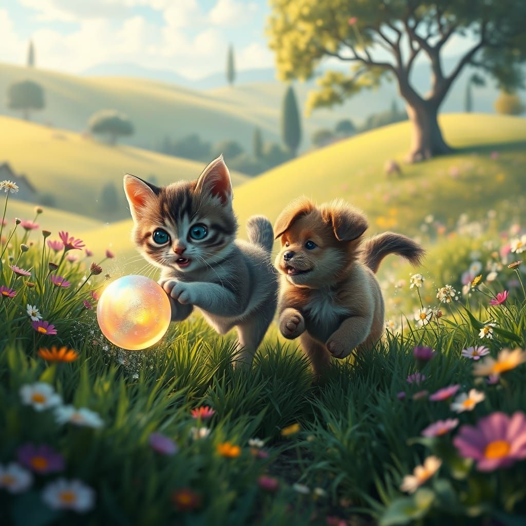 Whimsical Kitten and Puppy Chase in a Fantastical Landscape
