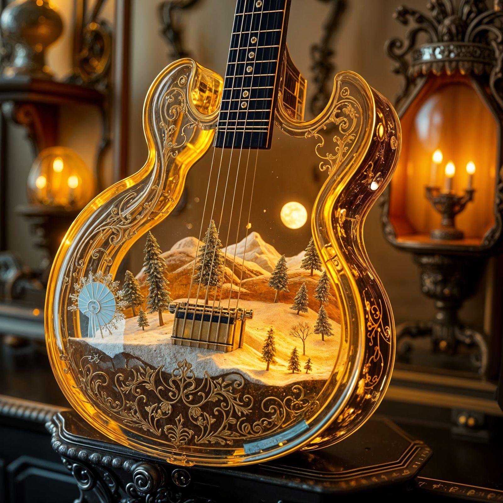 Golden Glass Guitar with Miniature World Inside