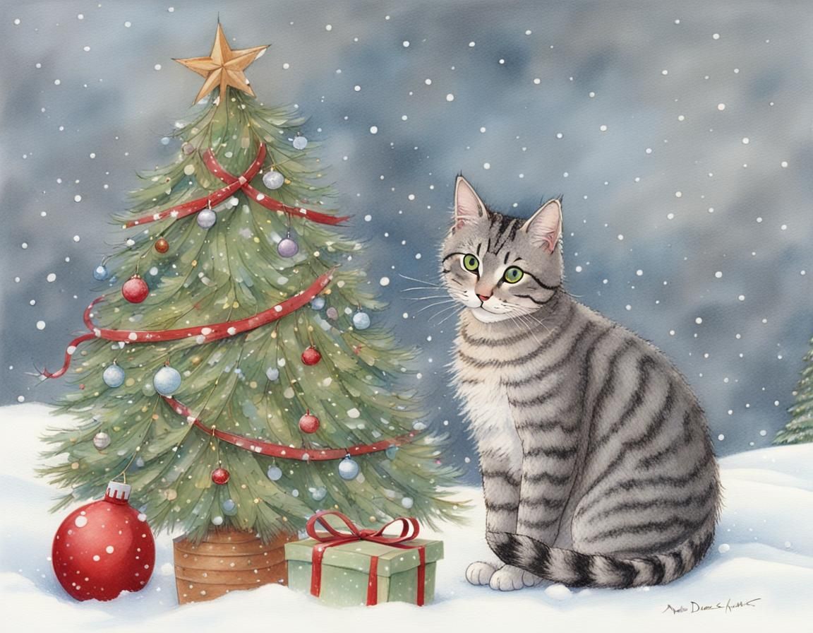 Tabby Cat Christmas Tree in Holly Hobbie Style