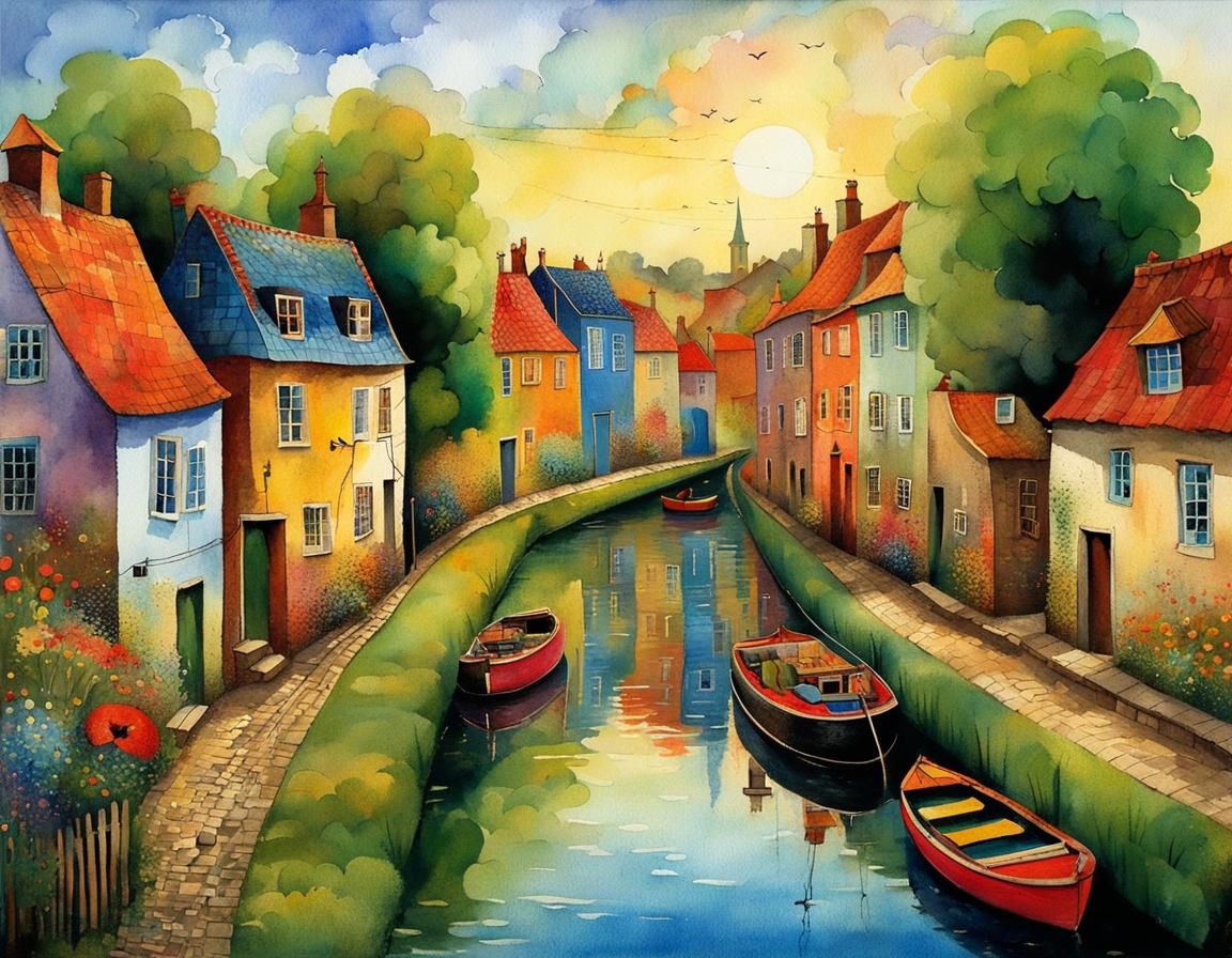 Whimsical Village with Canals as Illustration Art