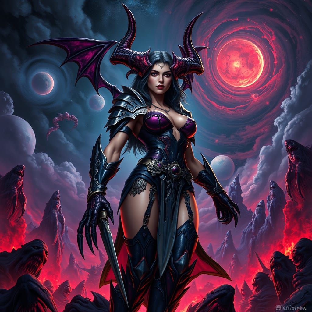 Warrior Woman in Hellscape: Dark Fantasy Art