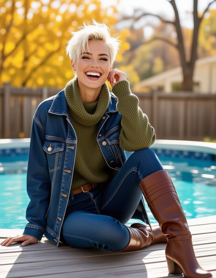 Woman Enjoys Autumn Swim in Sunlit Backyard Pool