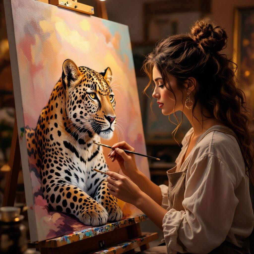 Woman Artist Paints Realistic Leopard in Retro Glam Studio