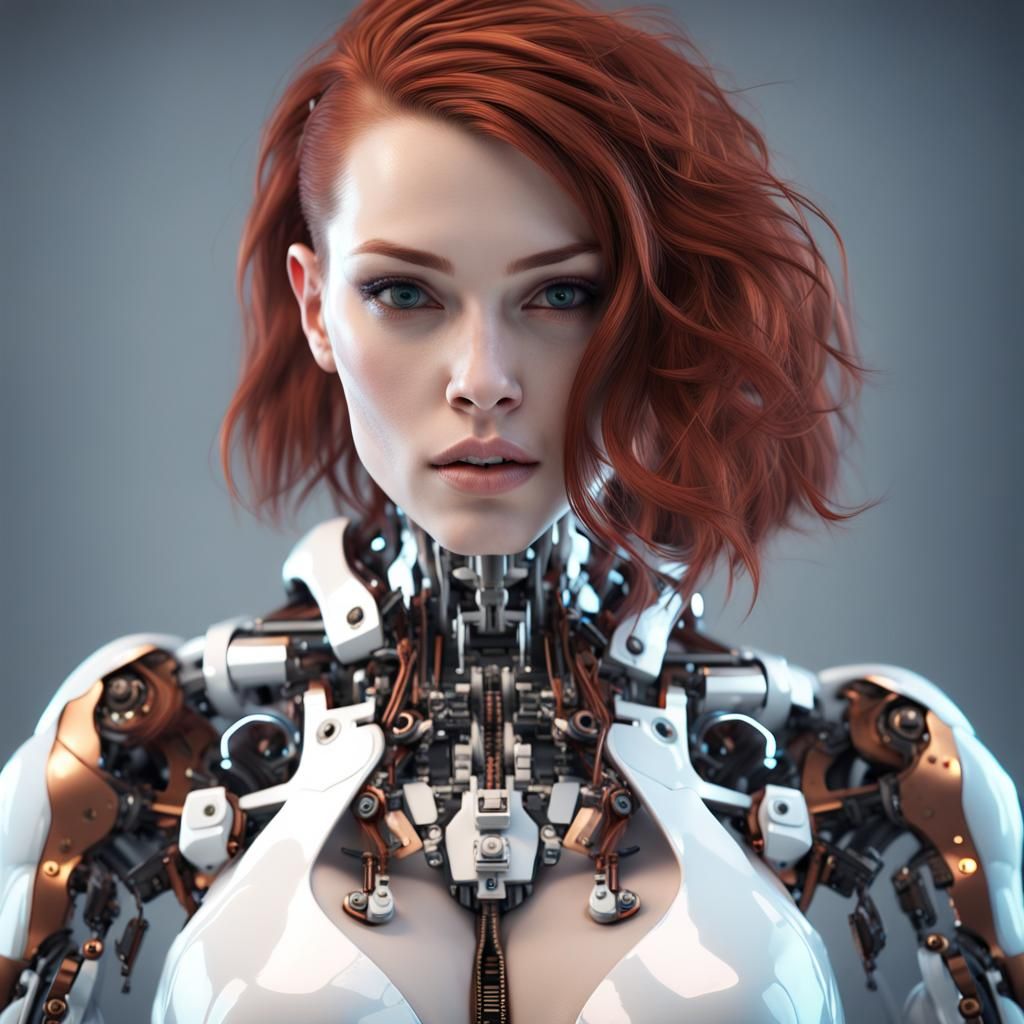 Auburn-Haired Cyborg Model in Cyberpunk Style