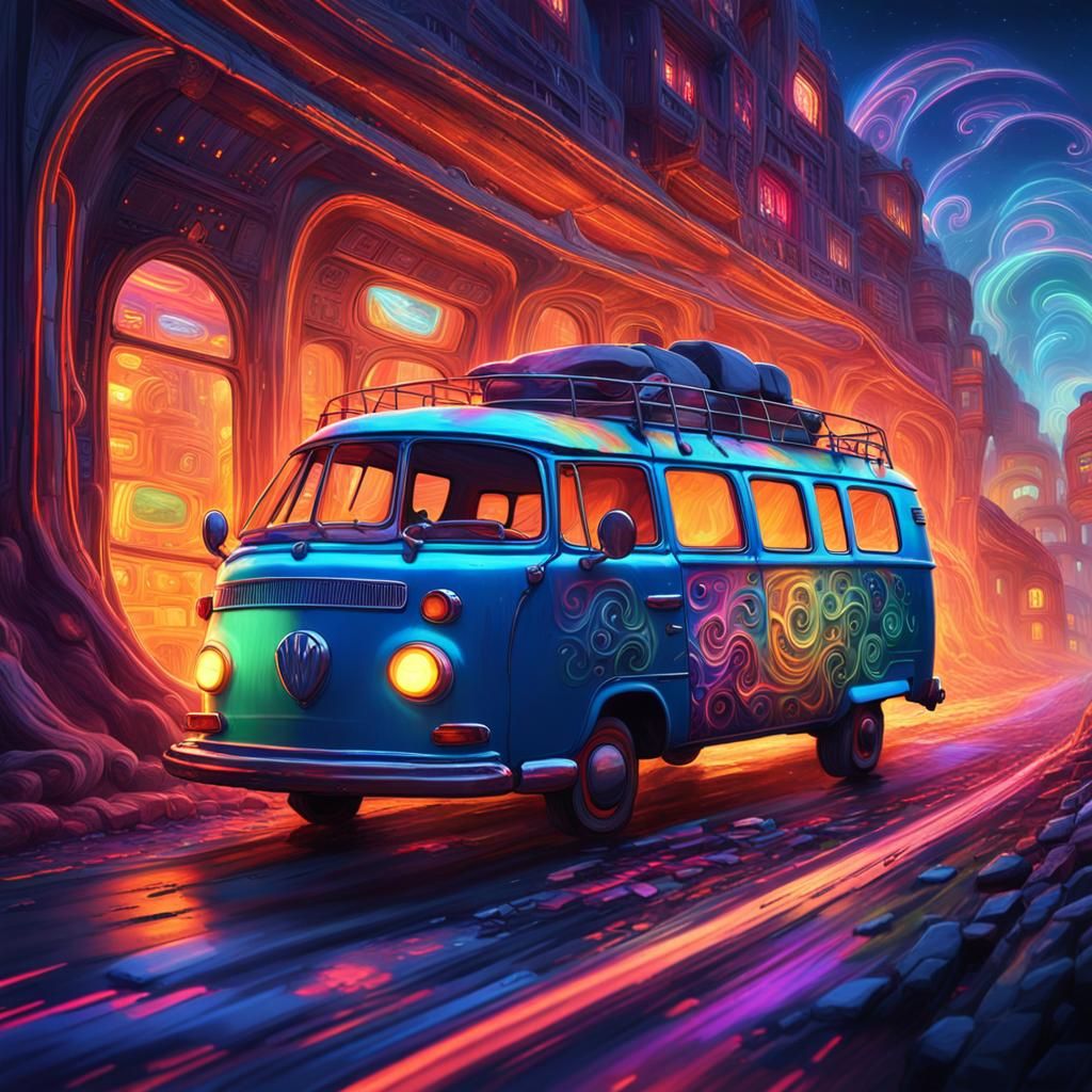 Psychedelic Van Journey on a Glowing Highway