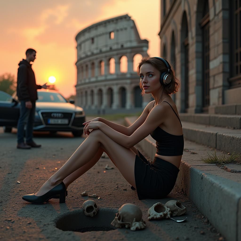 Ukrainian Woman on Edge of Road at Sunset