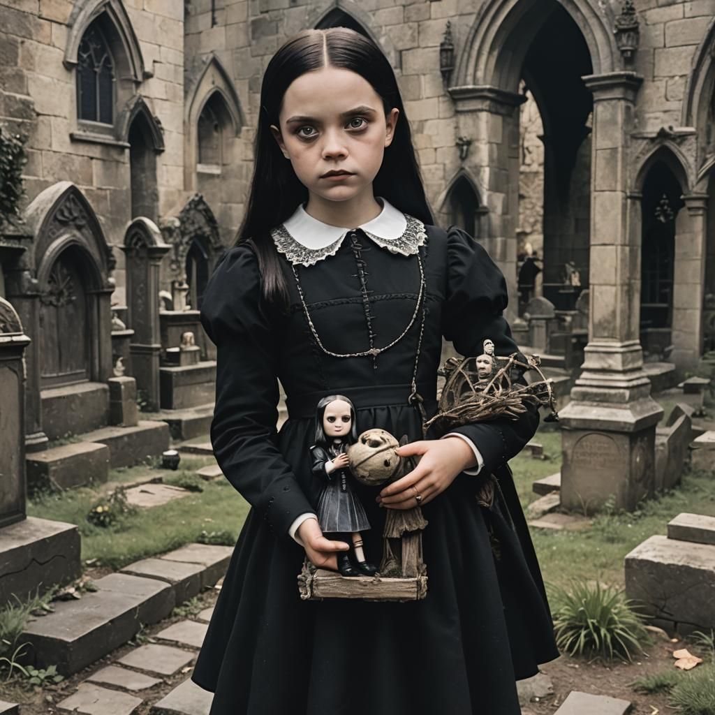 Wednesday Addams Doll in Medieval Graveyard
