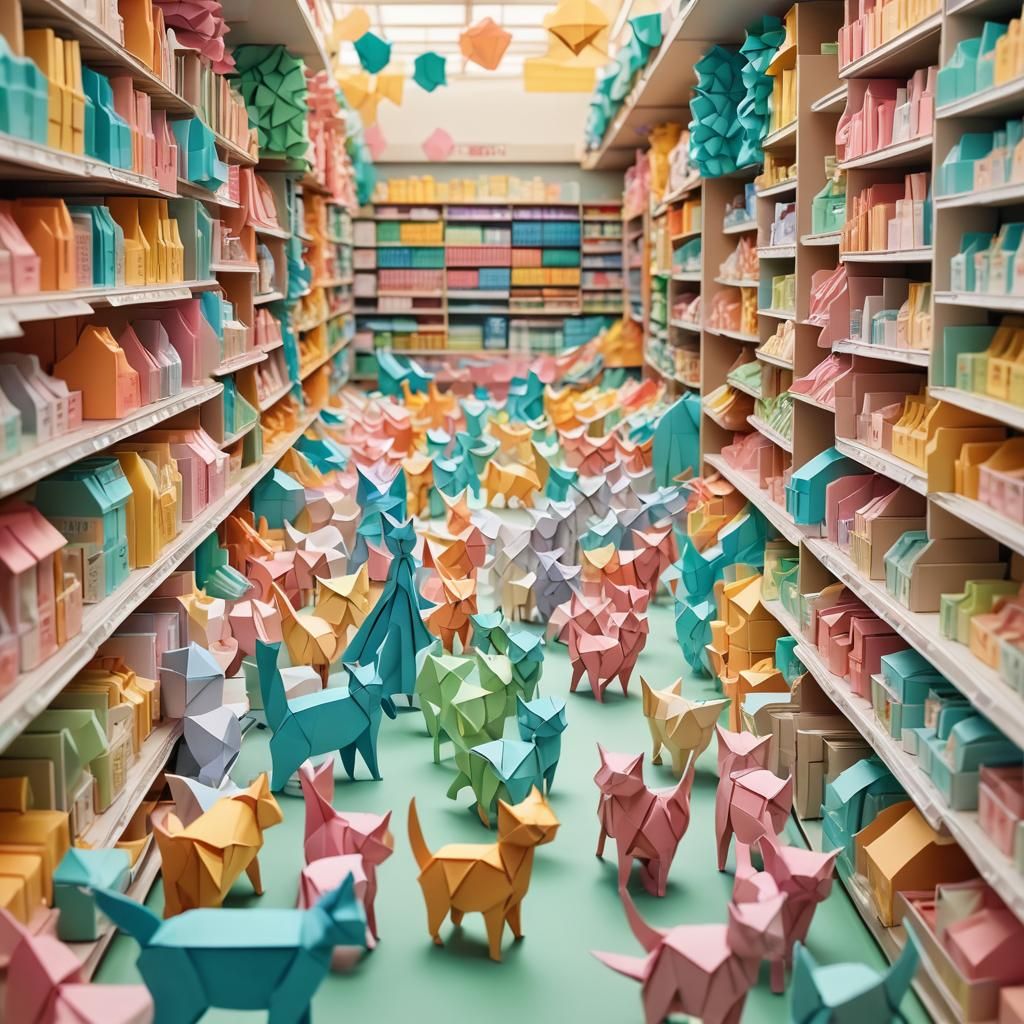 Origami Cat Lady in Paper Grocery Store