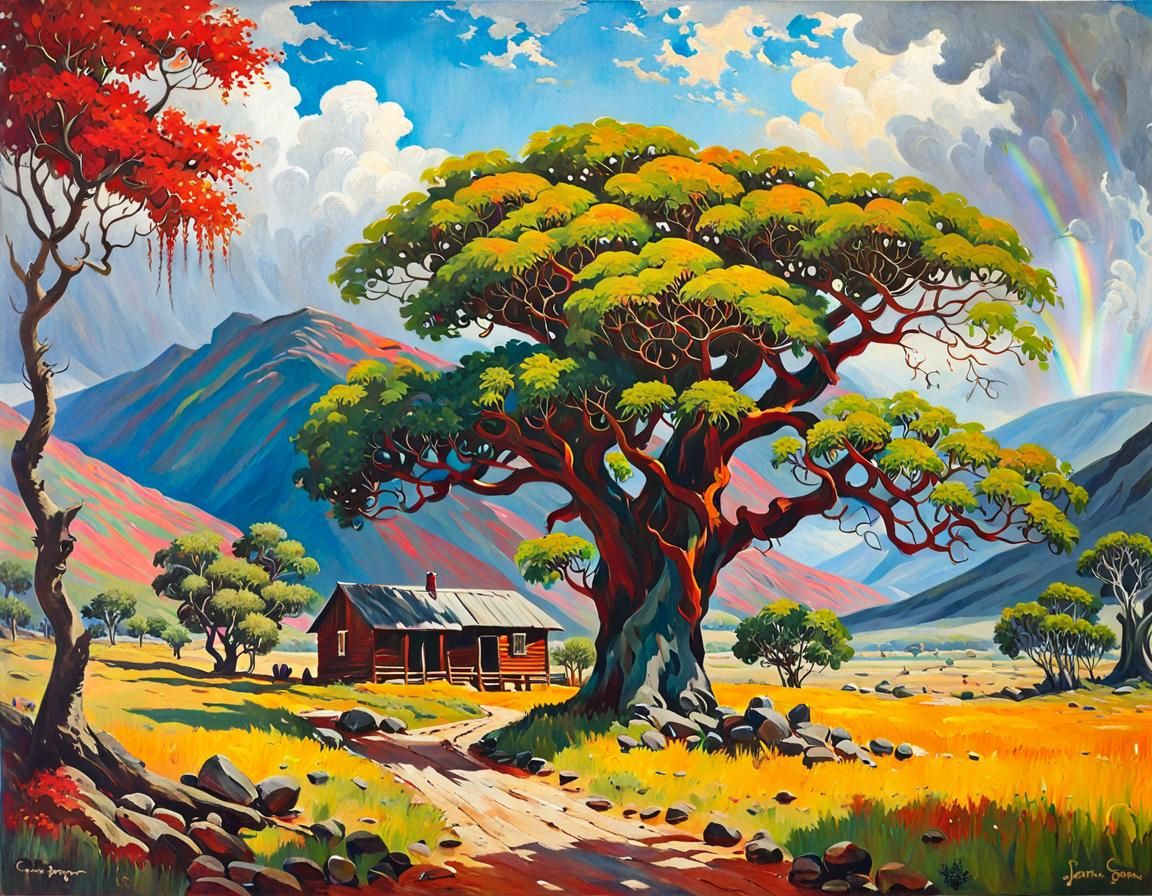 Landscape with Dragon's Blood Tree in Oil Painting Style