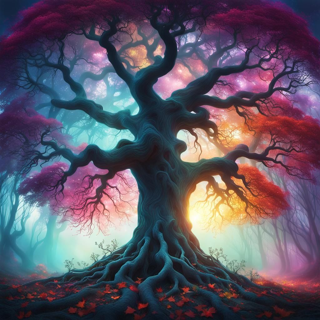 Gnarled Tree Projecting Prism Silhouette, Digital Matte Pain...