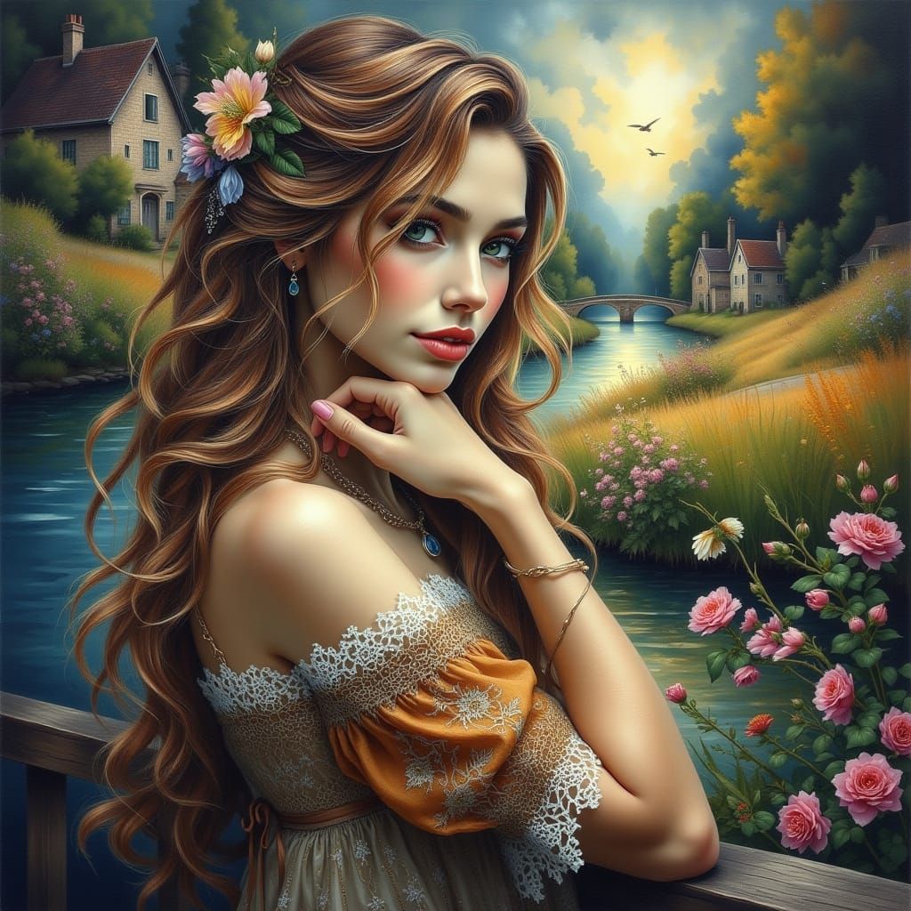 Elegant Woman Posing in Rembrandt Style Oil Painting