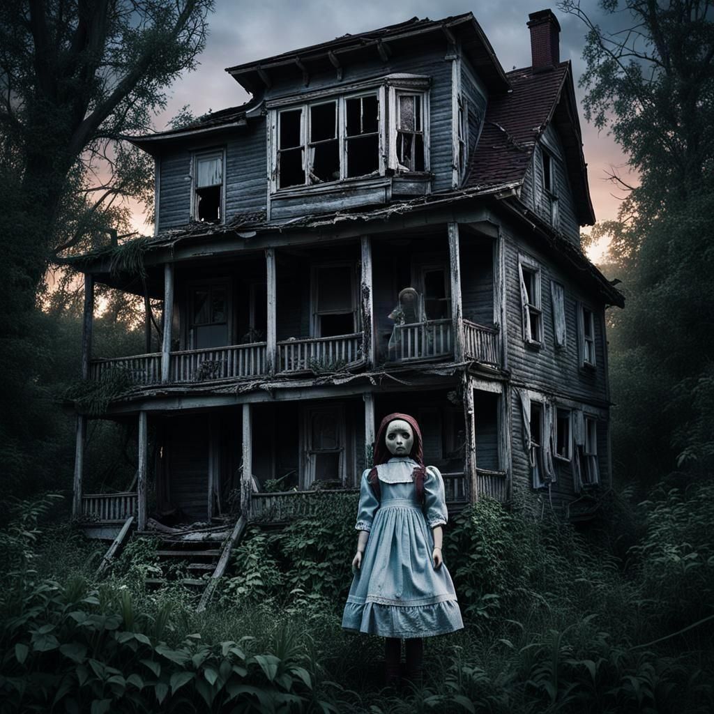 Creepy Girl in Distressed House at Dusk