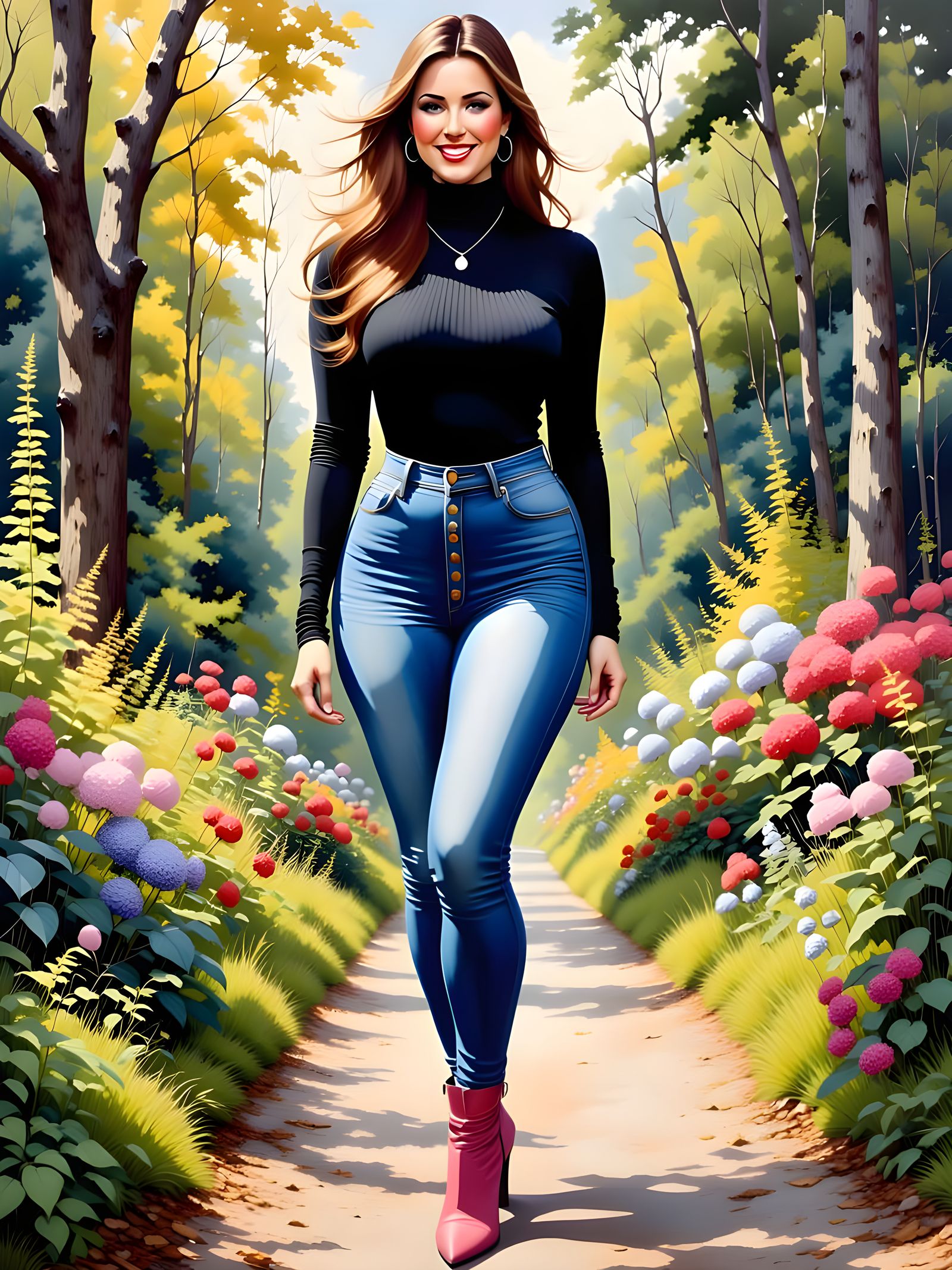 Enticing Woman in Garden as Oil Painting