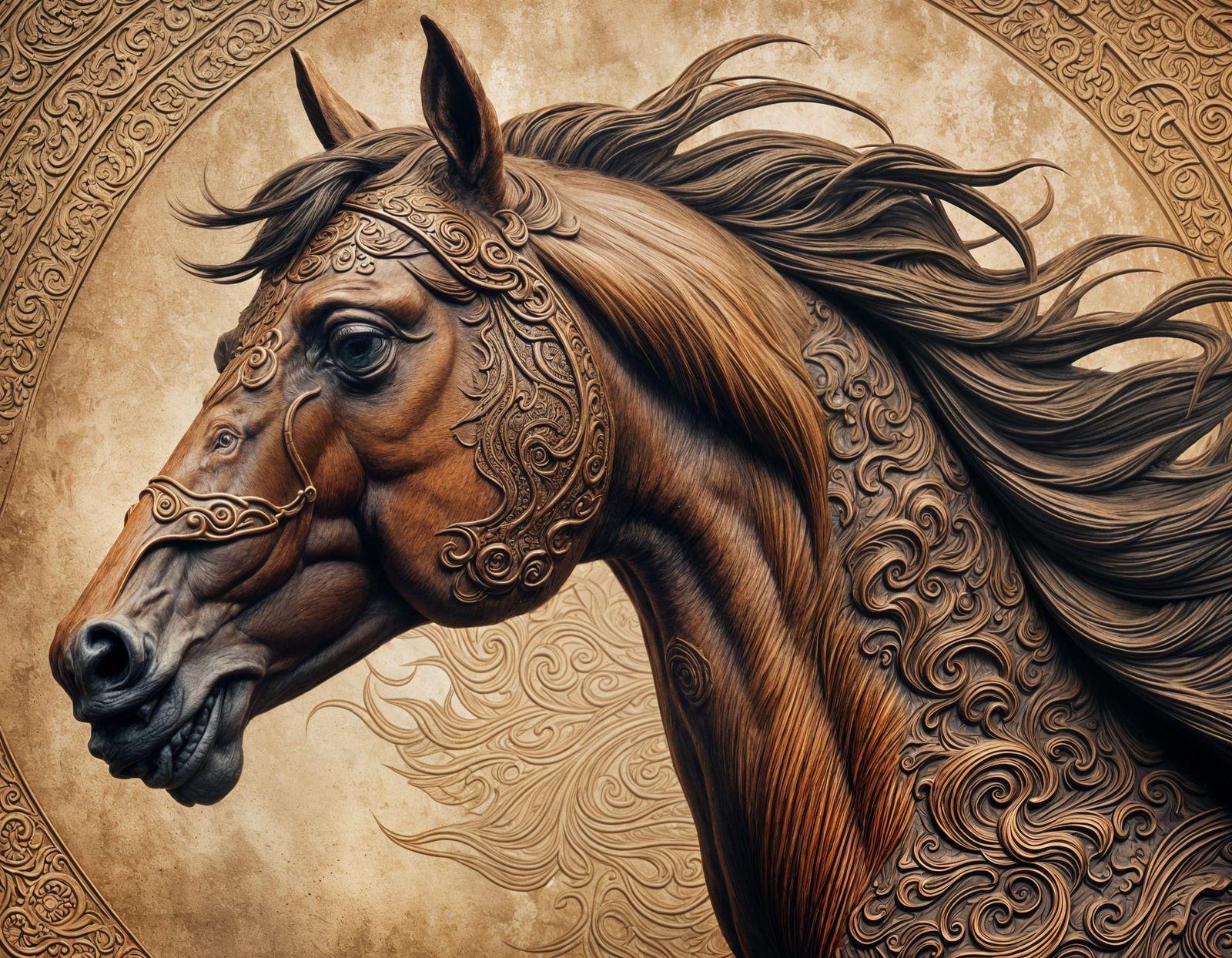 Detailed Chinese-Style Wood Carving of Rearing Horse