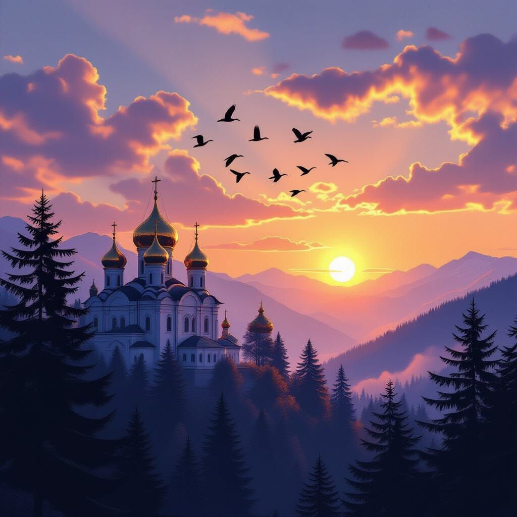 Golden Monastery Domes Gleam at Sunrise Over Pine Forest