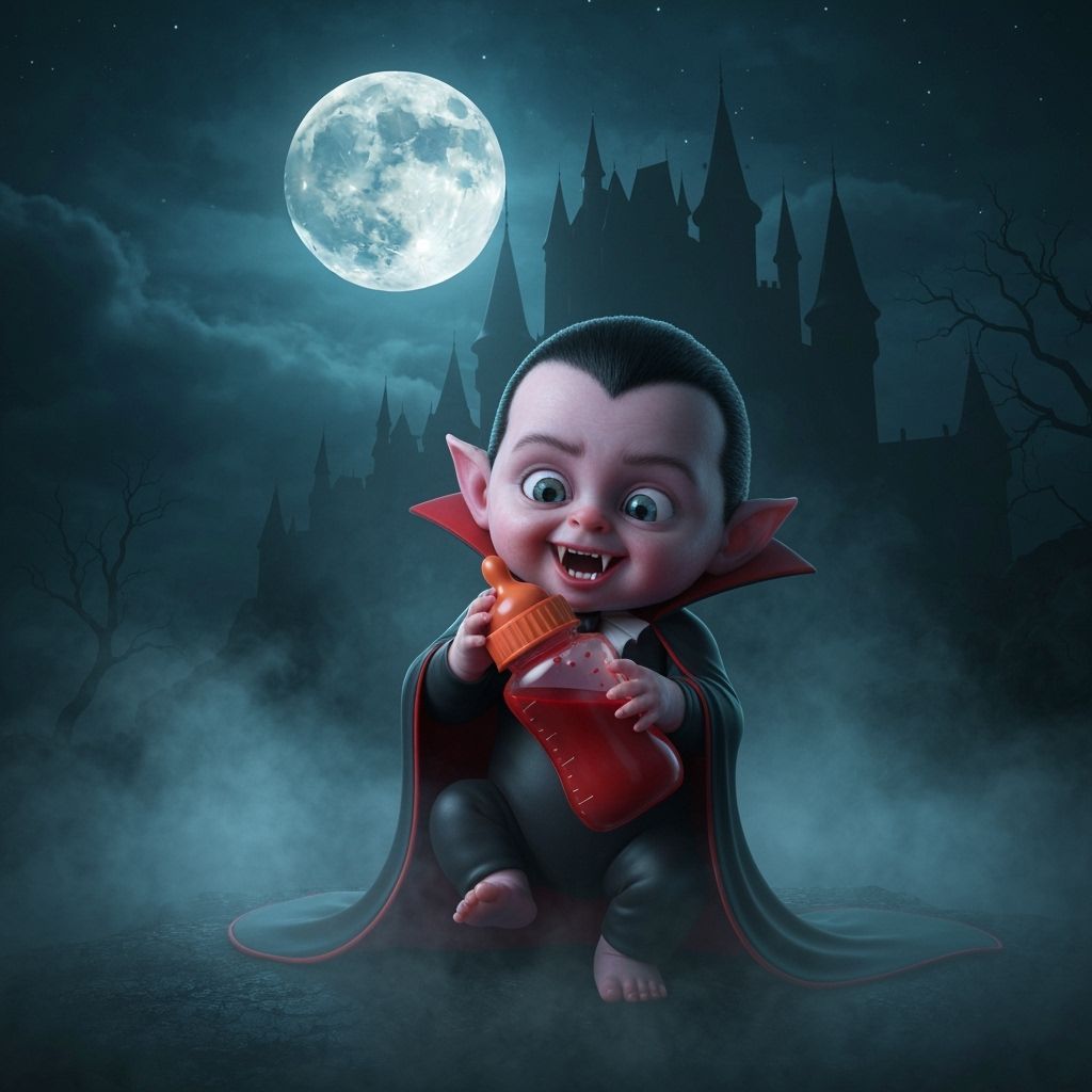 Baby Dracula Attacks Blood Bottle Under Full Moon