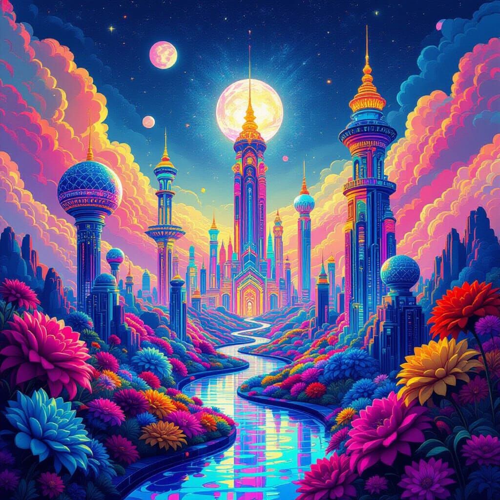 Psychedelic Iridescent Towers in Ethereal Light