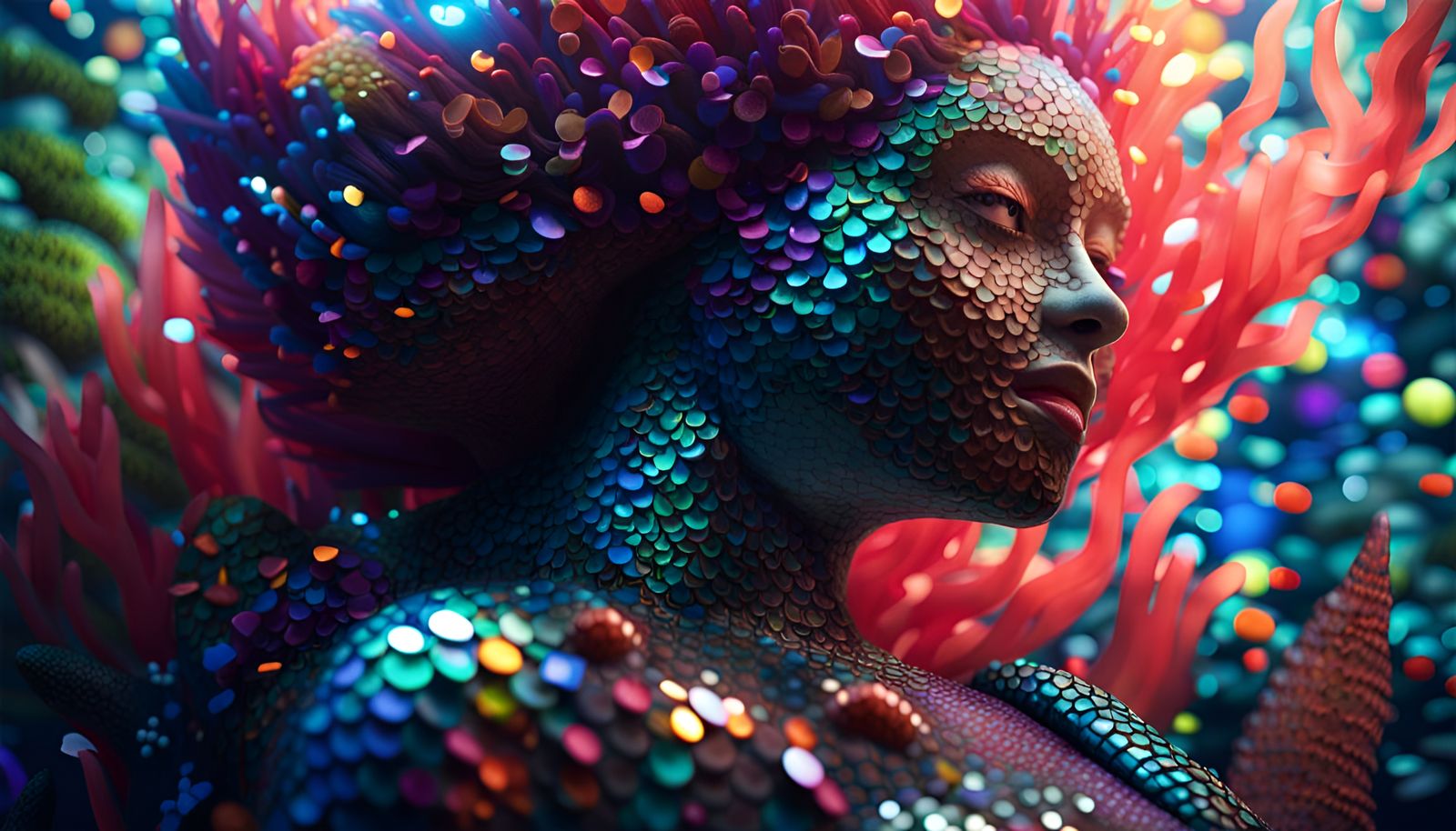 Mosaic Mermaid in Coral Reef, Hyperrealistic CGI