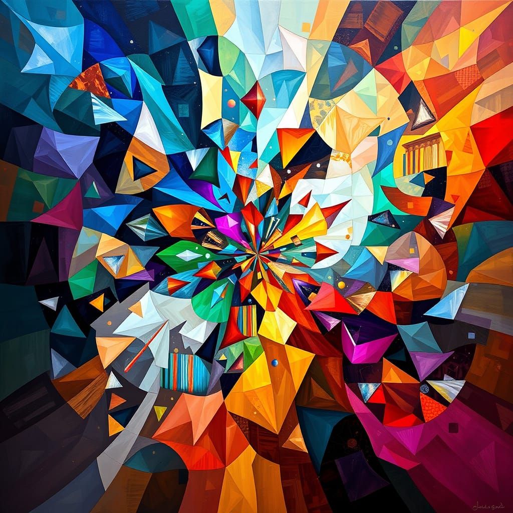 Multidimensional Cubist Vortex in Swirling Colors and Light