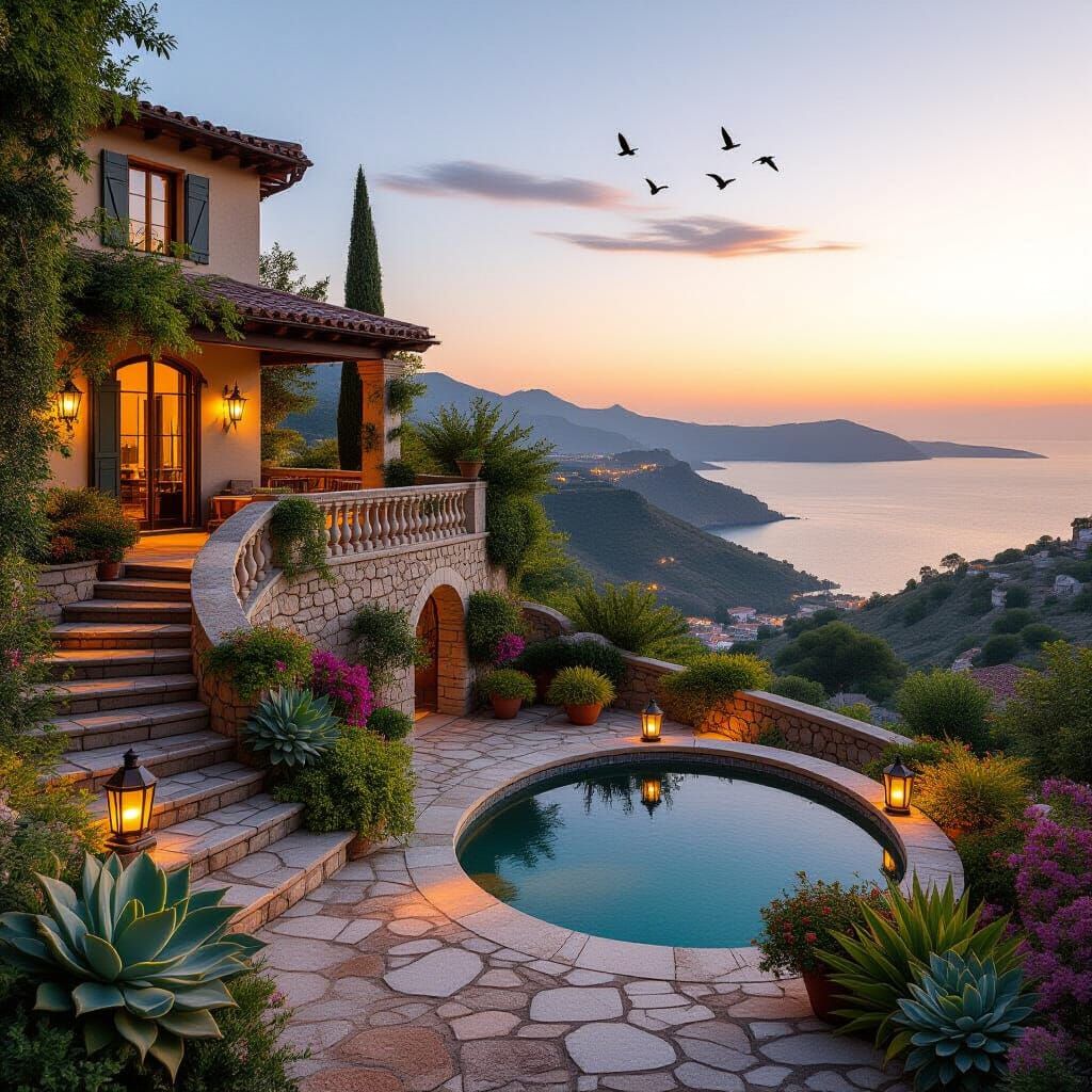 Mediterranean Villa at Sunset with Reflective Pond